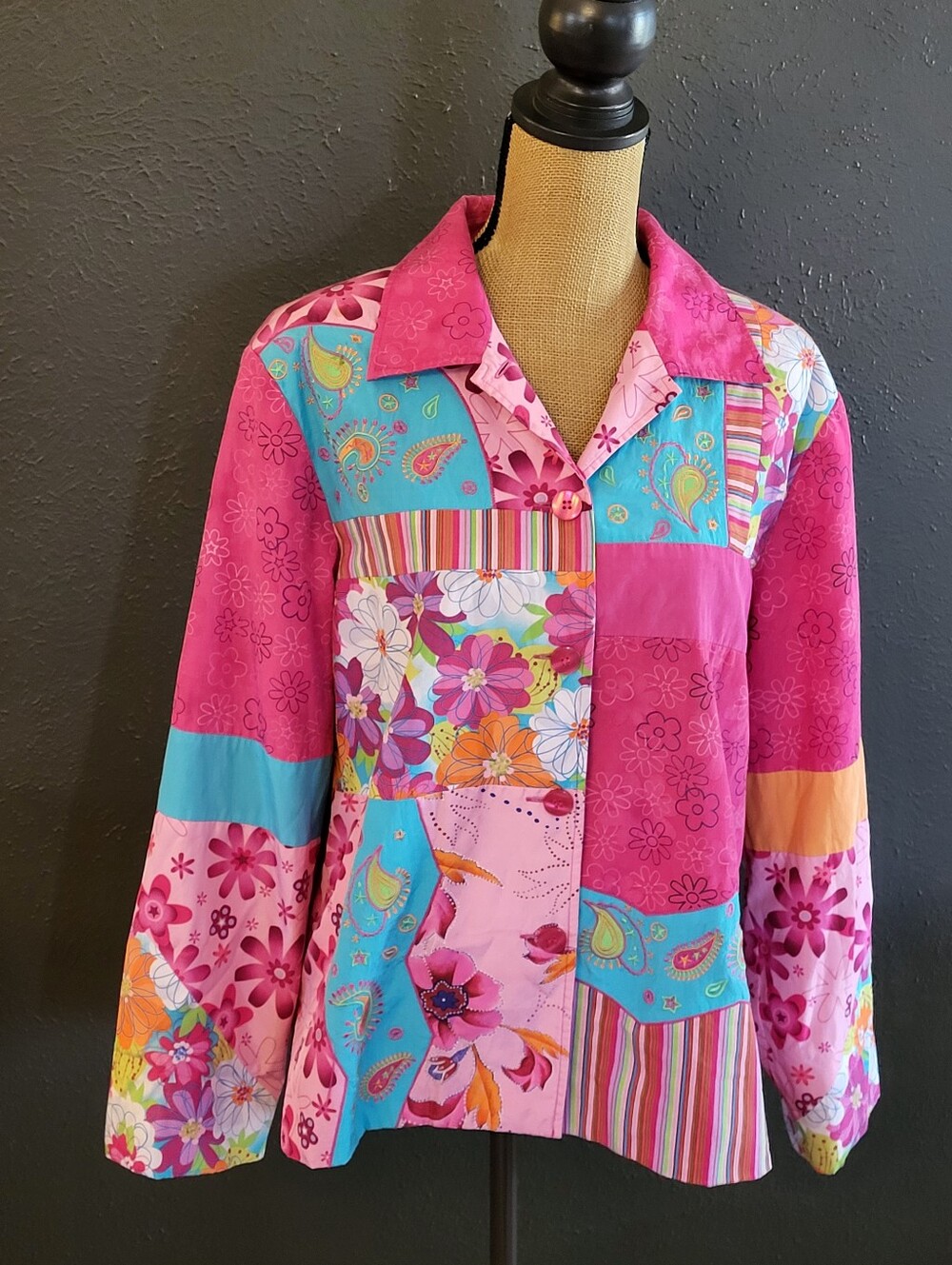 Diane Gilman 90s Silk-Blend Wearable Art Patchwork Jacket/Shirt Large Pink